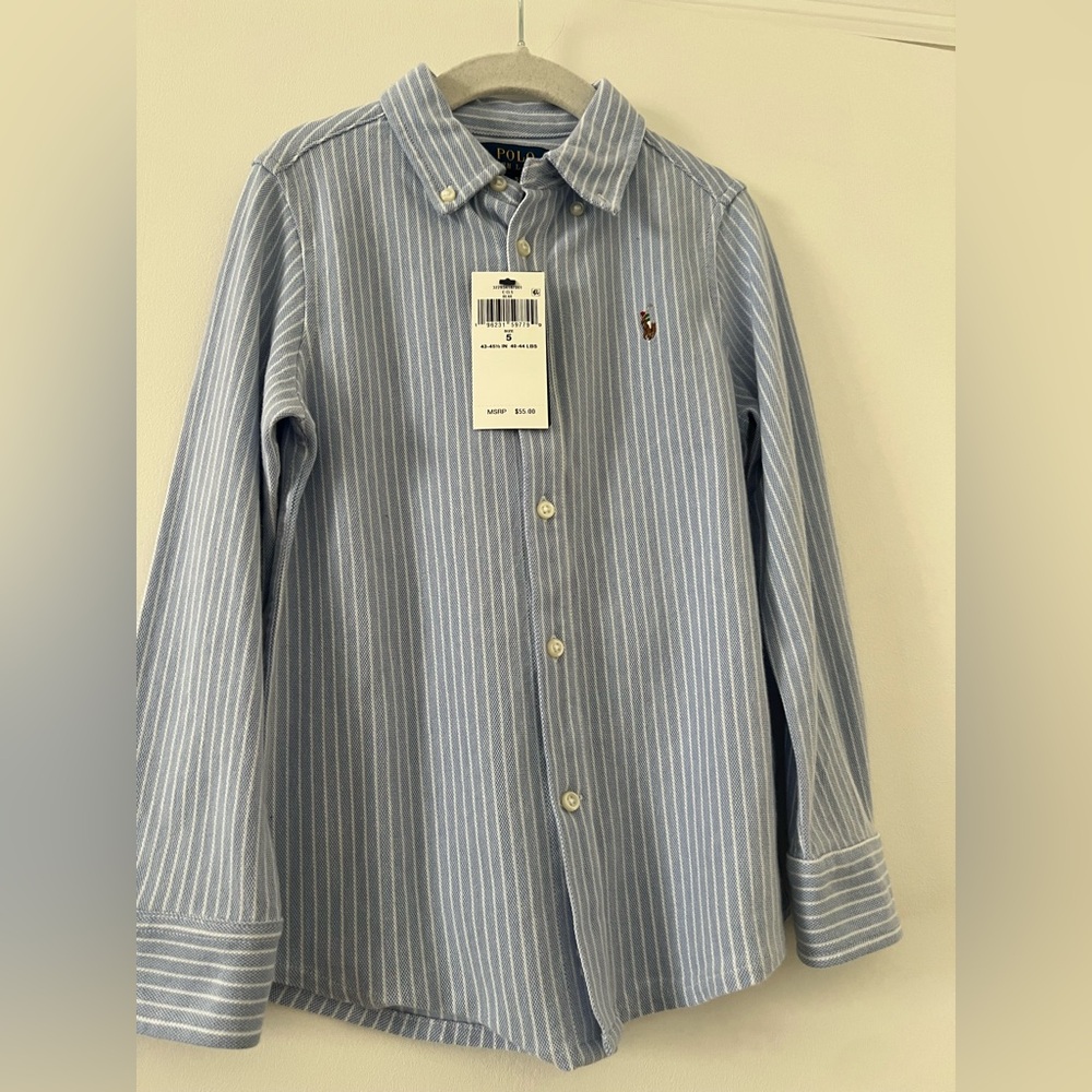 Polo by Ralph Lauren Blue White Striped Knit Cotton Oxford Shirt Boys 5 NWT - Picture 2 of 8